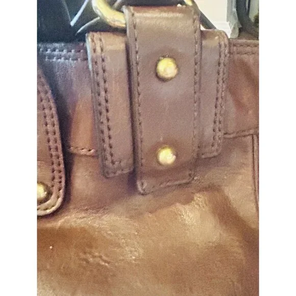 Banana Republic Brown Leather Bucket Tote Shoulder Bag Hobo Brass - Picture 8 of 15